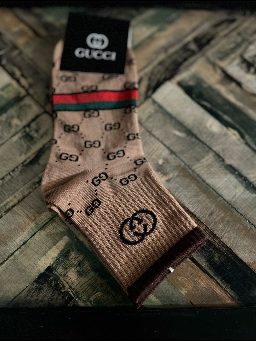 Gucci Tan Monogram Crew Socks with Red and Green Stripe
